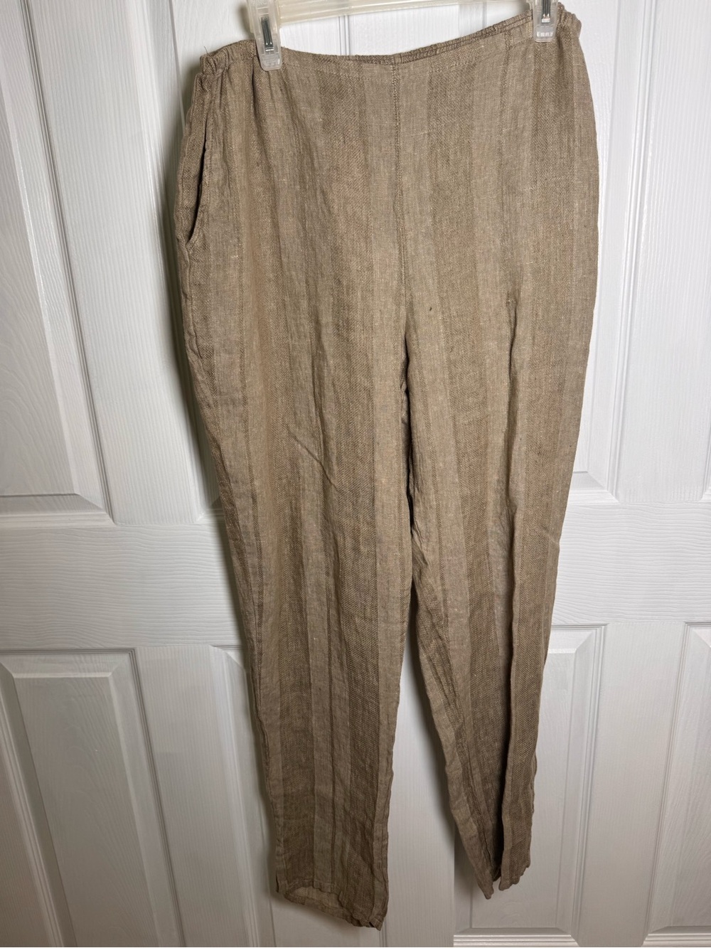 FLAX Womens Pants Tan Striped 100% Linen Slit Hem Pull On Lagenlook Size Medium
